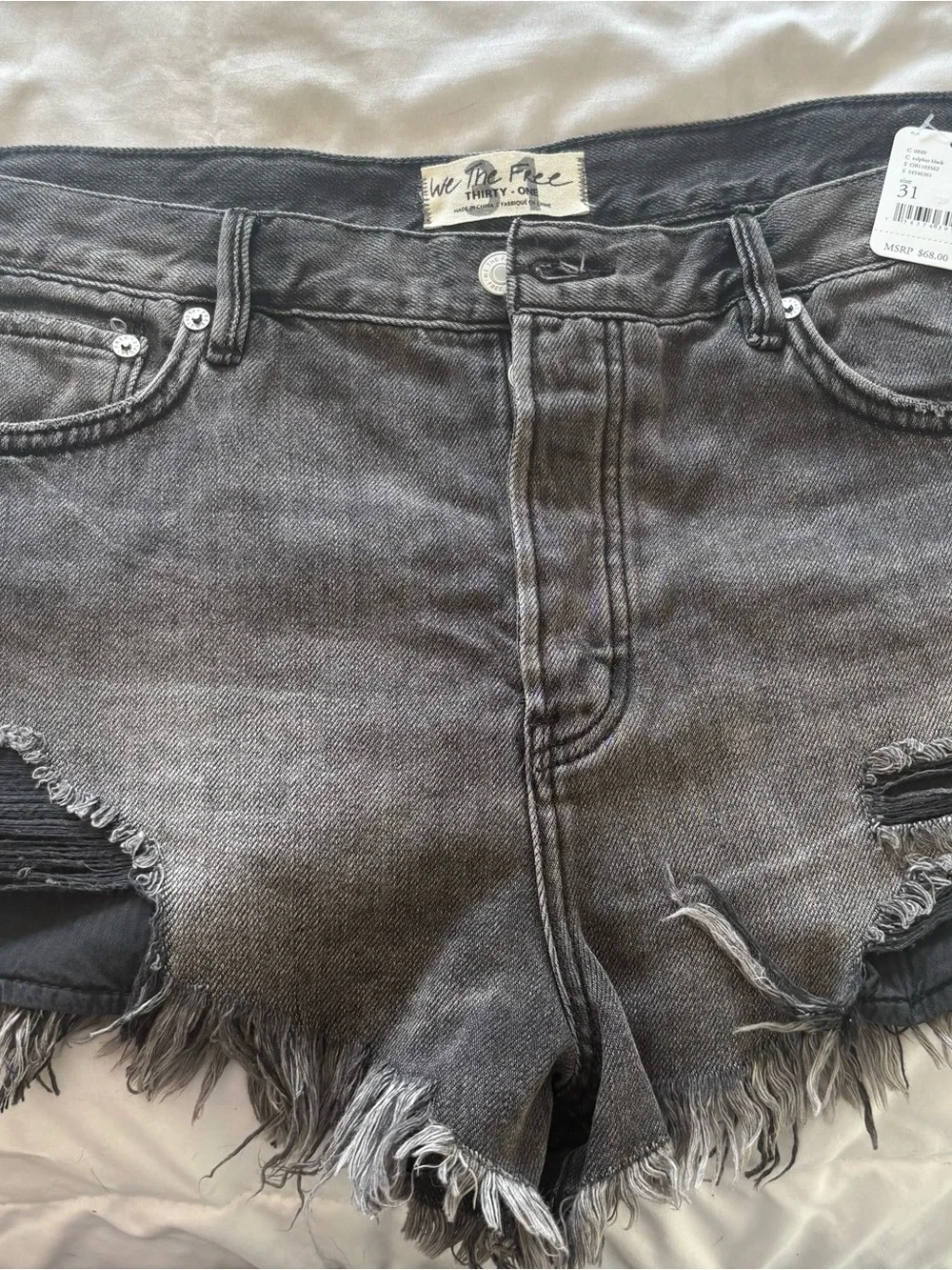 Free People Washed Black Frayed Hem Distressed Denim Shorts